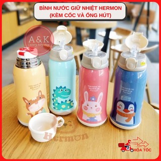 Bình nước giữ nhiệt hermon 600ml kèm cốc và ống hút cho bé