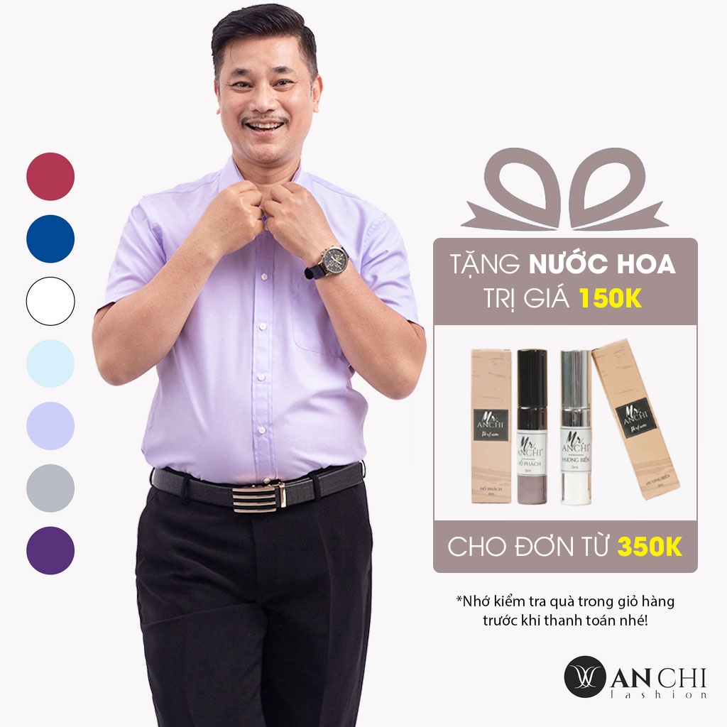 Áo Sơ Mi Nam Ngắn Tay Trung Niên ANCHI Classic Cotton Trơn Màu Tím Nhạt Cao Cấp