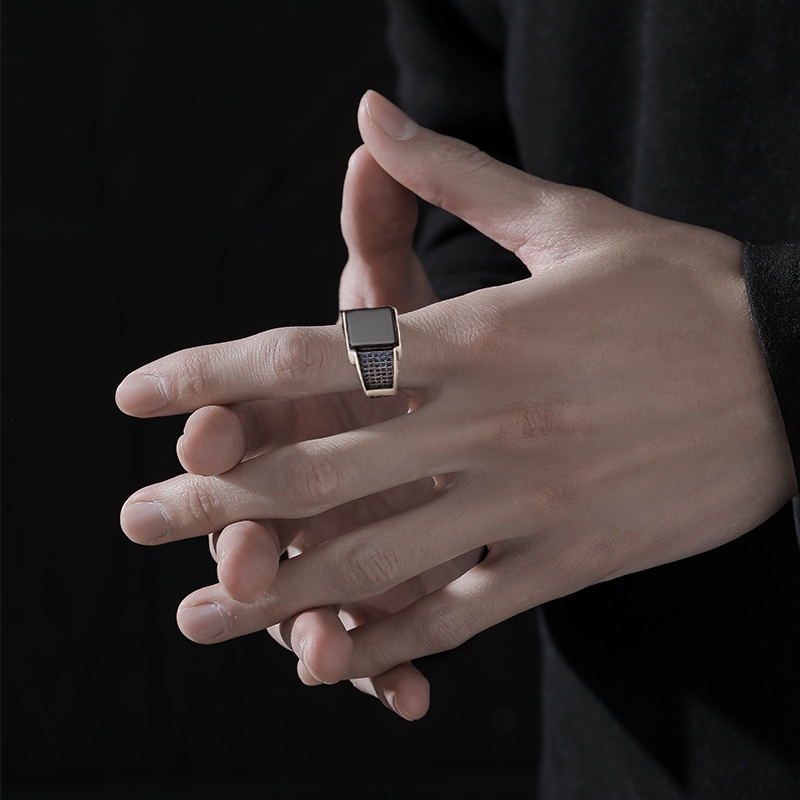 Nhẫn Thép Titan Đính Đá Zircon Đen Phong Cách Punk Cổ Điển Cho Nam