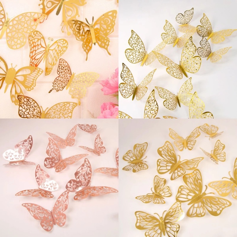 Hot 12 Cái Cờ Bướm Vàng Nhân Tạo Kết Cấu Kim Loại Lãng Mạn Trang Trí Bánh Cưới Thủ Công