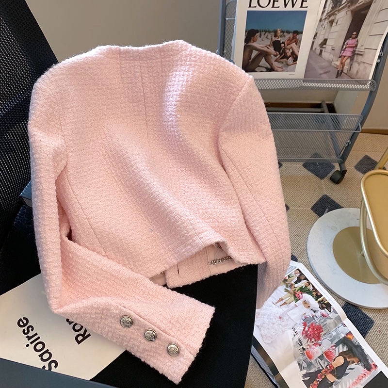 Áo Khoác Dạ Tweed Tay Dài Cổ Tròn Hồng 2 Túi