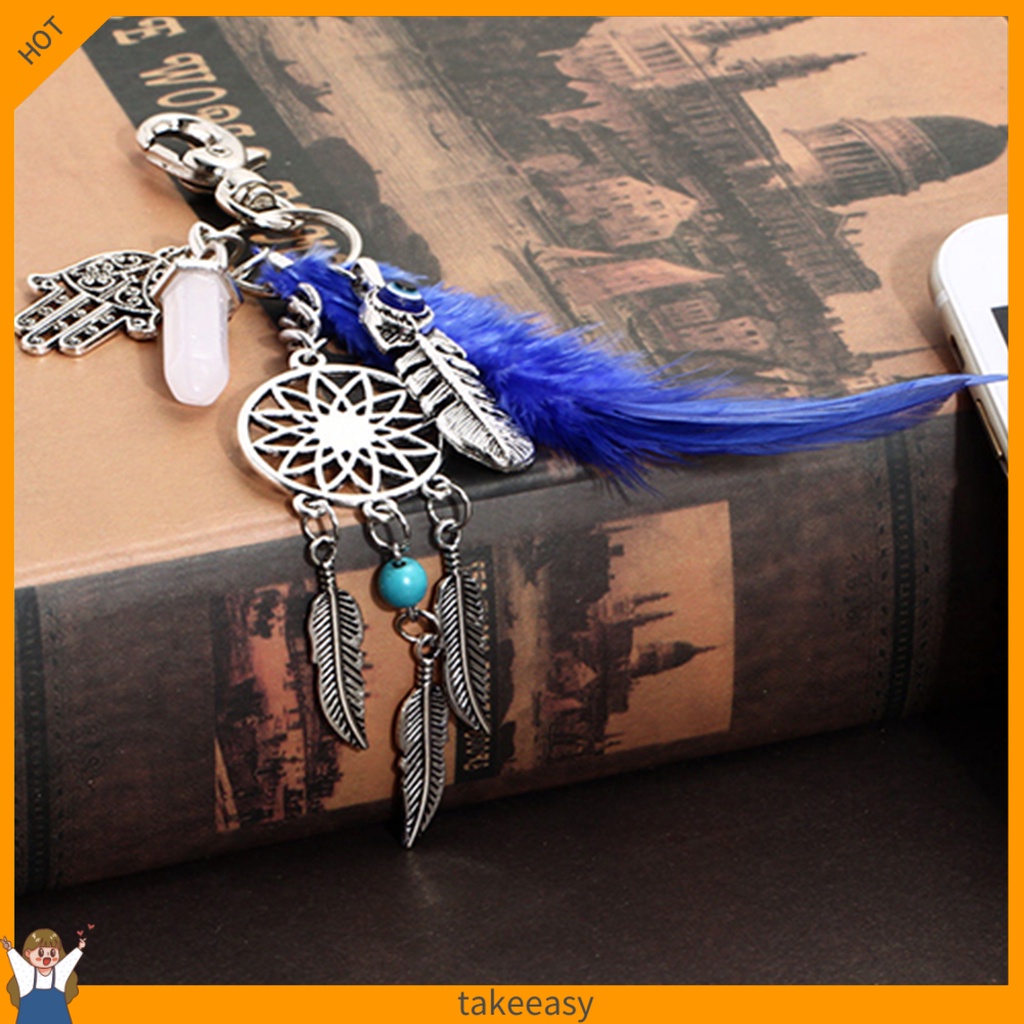 Móc Khóa Hình Dream Catcher Phối Lông Vũ Và Đá Opal Cổ Điển