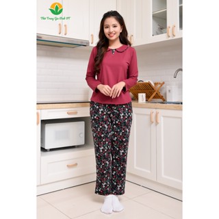 Bộ mặc nhà nữ thu đông Việt Thắng quần dài, áo dài cổ sen chất Cotton