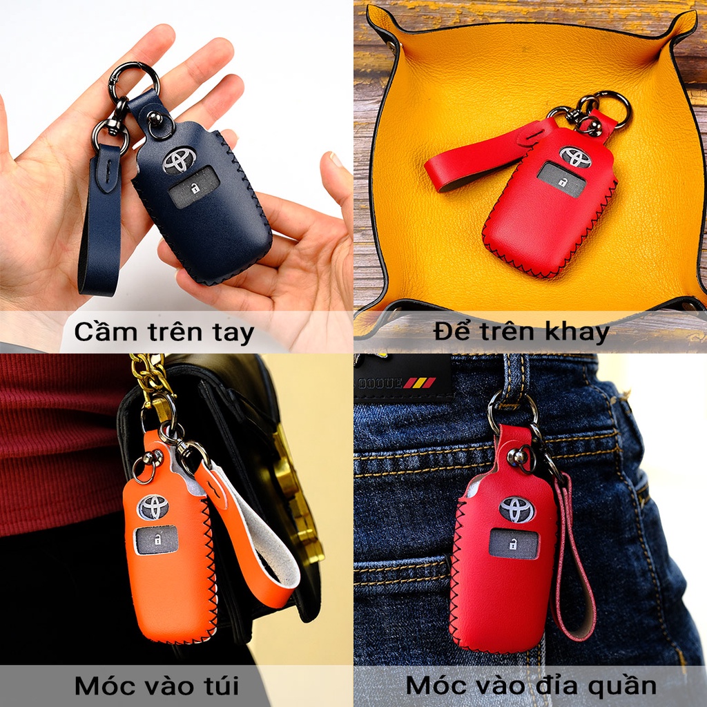 Bao da bọc chìa khóa smartkey xe ô tô Toyota Corolla Cross Camry Altis 2022 2, 3, 4 nút bấm khâu tay móc tròn đen TCR