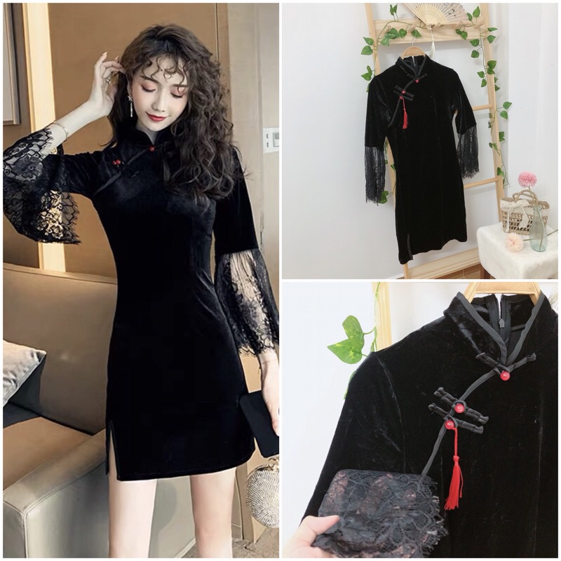 Sườn xám nhung cách tân đầm nhung xinh