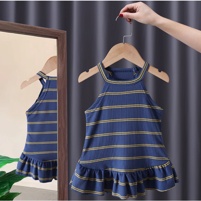 Đầm hai dây đi biển co giãn kẻ sọc phong cách mùa hè Hàn Quốc cho bé gái