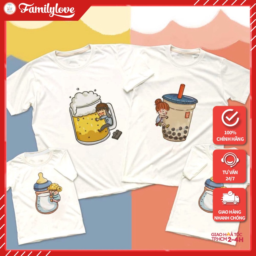 Áo gia đình Familylove - Đồng phục gia đình họa tiết beer trà sữa bình sữa cực đáng yêu Cotton 100% co giãn mềm mịn