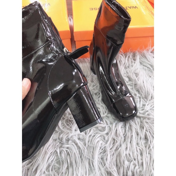 MÃ 1516 BỐT LỬNG NỮ MŨI TRÒN DA BÓNG GÓT TRỤ CAO 5P ÊM CHÂN FULLBOX