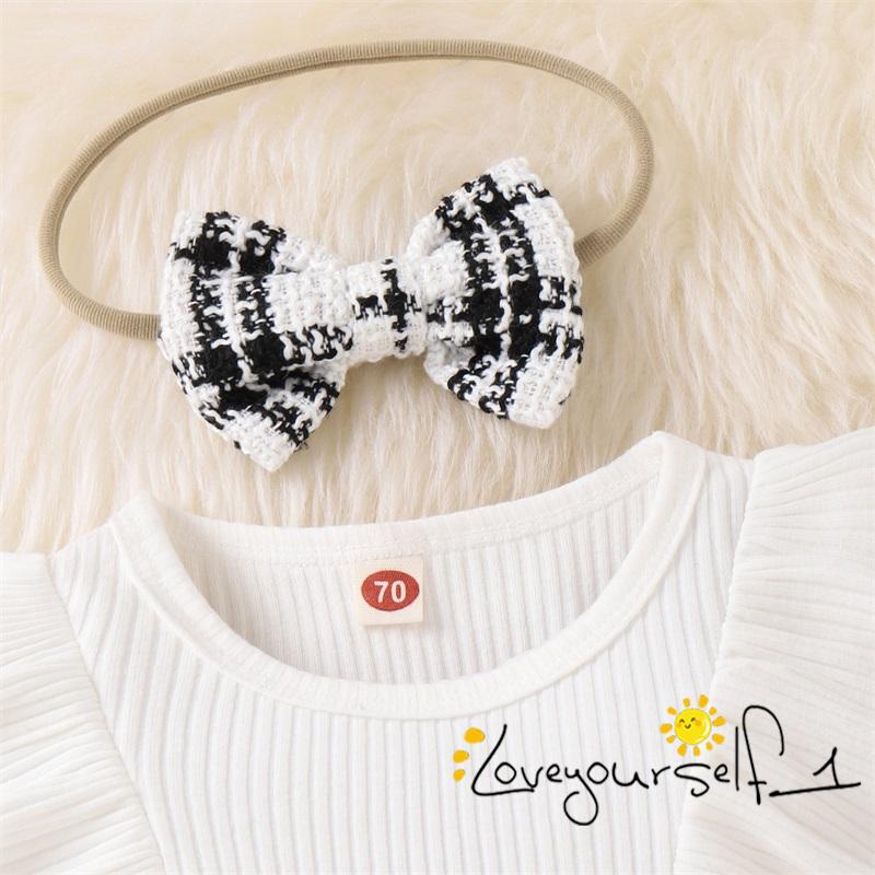 Bộ Đầm Liền Thân Tay Dài Nhún Bèo Họa Tiết Sọc Caro + Băng Đô Cài Tóc Xinh Xắn Cho Bé Gái B930G