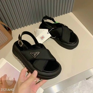 Sandal Pra_da quai chéo đế cao su 4cm