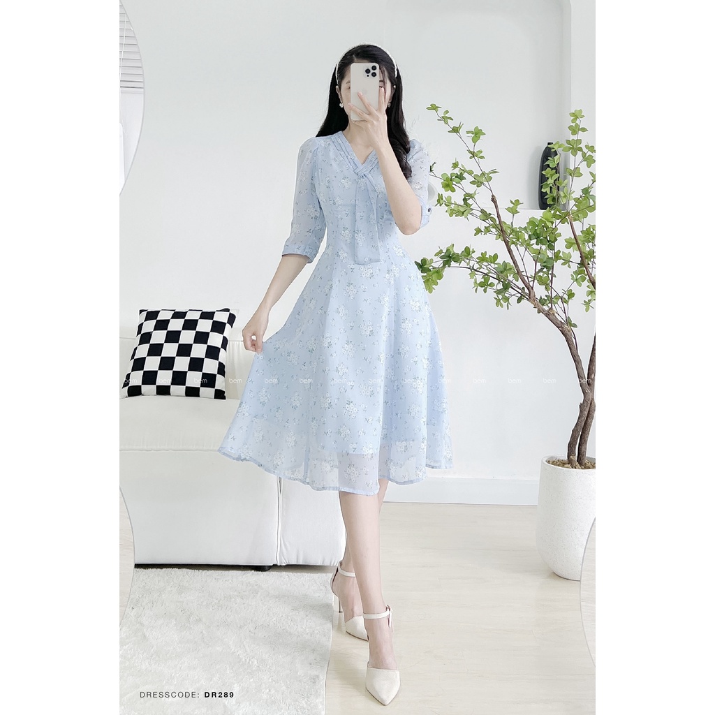ĐẦM Hoa Nhí Xanh Chiffon Hàn Mát Cổ Cách Điệu Cà Vạt Xinh Xắn BEM Studio (DR289)