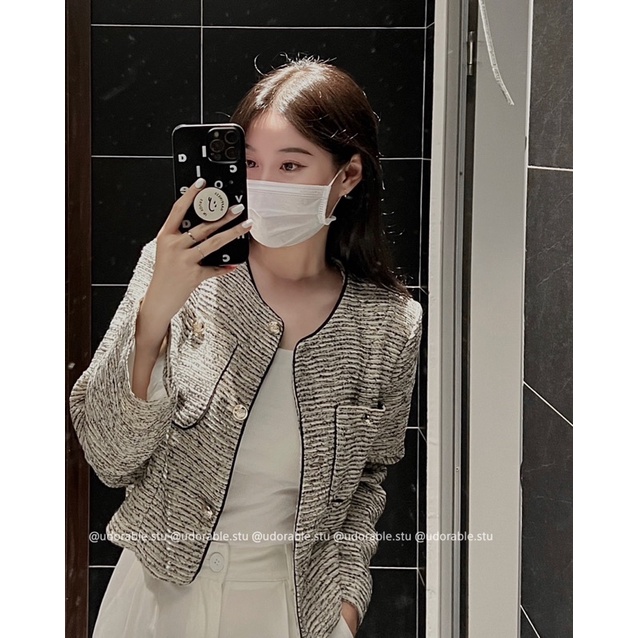 UDORABLE Áo Dạ Tweed Nữ Có Độn Vai. Áo Khoác Dáng Croptop 2 Lớp Viền Đen Túi Ngực