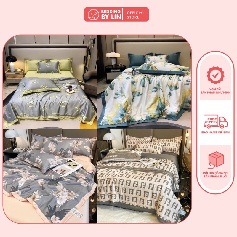 Bộ Chăn Ga Gối Lụa Thái 4 Món Ga Gối Hoạ Tiết Cao Cấp Bedding By Lin