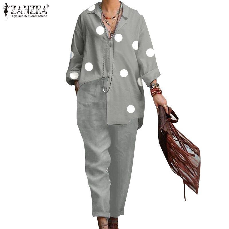 ZANZEA Bộ Áo Sơ Mi Chấm Bi Dài Tay + Quần Dài Lưng Thun Thời Trang Nữ Tính