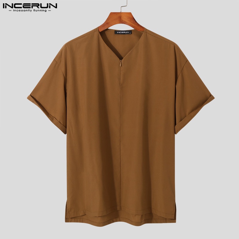 Áo INCERUN cổ chữ v dáng rộng có khóa kéo thời trang cho nam