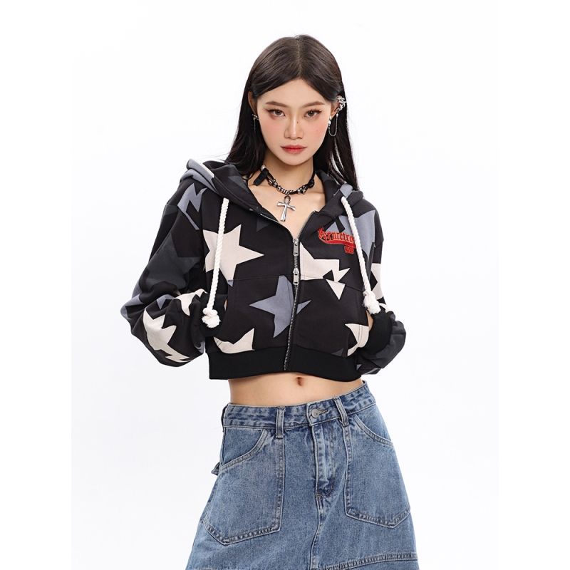 Ccupspace Áo Khoác Sweatshirt Có Mũ Trùm Hai Đầu Khóa Kéo In Hình Ngôi Sao Nóng Bỏng Mỹ Mùa Thu Có Sẵn Cho Nữ