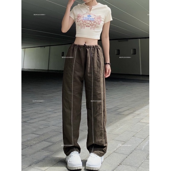 Quần cạp trễ phong cách Y2K viền chỉ