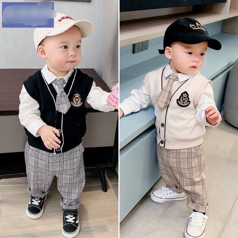 Bộ ghile công tử kèm cà vạt 2 màu cho bé trai (9-19kg)