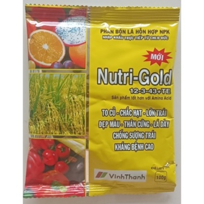 PHÂN BÓN LÁ HỔN HỢP NUTRI-GOLD 12-3-43+TE gói 100gr. Giúp to củ, chắc hạt, lớn trái, đẹp màu.