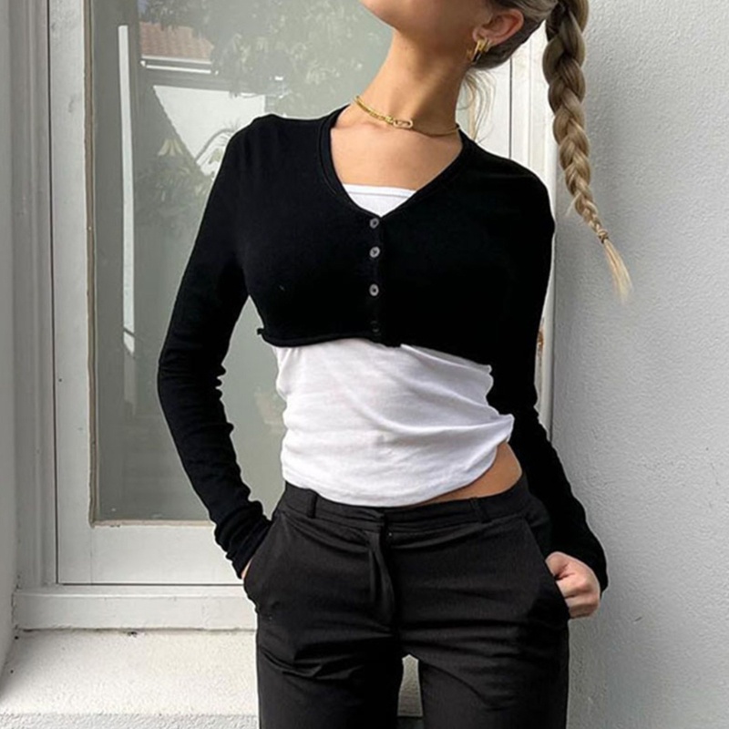 Áo Thun Croptop Dệt Kim Tay Dài Dáng Ôm Màu Đen Thời Trang Cho Nữ