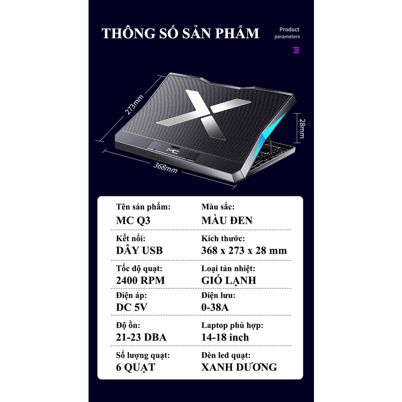 Quạt tản nhiệt laptop MC Q3 trang bị 6 quạt với tốc độ gió cực mạnh không tạo ra tiếng ồn khi sử dụng - NK