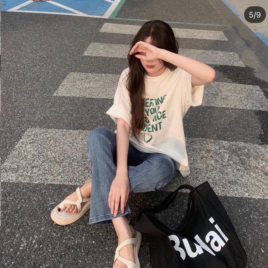 Áo thun tay lỡ xanh lá Meeting You. Áo phông form rộng cotton Ulzzang nam nữ Unisex