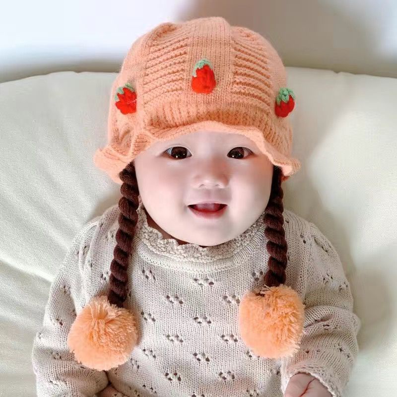 Mũ Len Trùm Đầu Kèm Tóc Giả Dày Dặn Giữ Ấm Tai Cho Bé