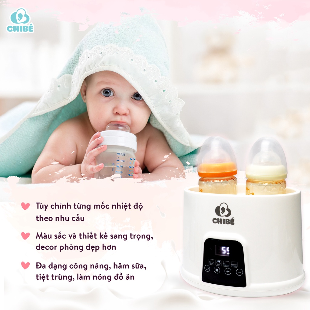 Máy hâm sữa đôi CHIBE- CB017, máy hâm cháo cho bé, giã đông, tiệt trùng đa chức năng, chính hãng - bảo hành 12 tháng