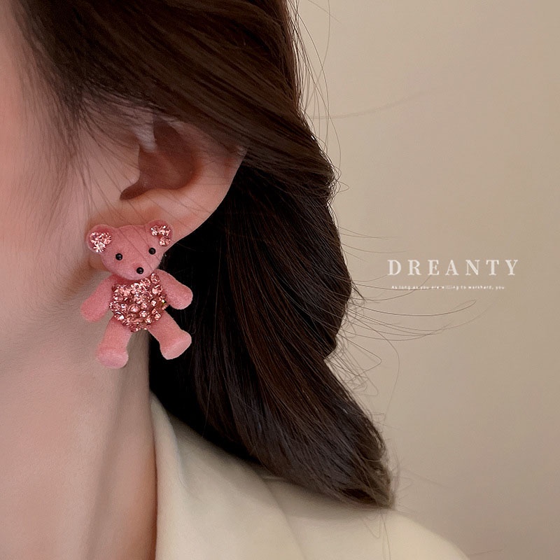 Bông Tai Hình Gấu Đính Kim Cương Màu Hồng Dễ Thương Phong Cách Hàn Quốc Thời Trang Thu Đông