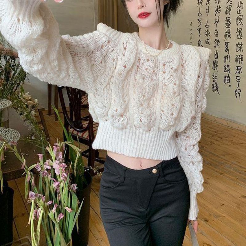 Áo Sweater Dệt Kim Tay Phồng Cổ Tròn Màu Trơn Thời Trang Mùa Thu Phong Cách Pháp Mới