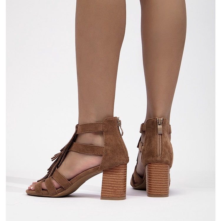 Sandal cao gót cổ cao, đính tua rua thời trang, gót vuông 7cm