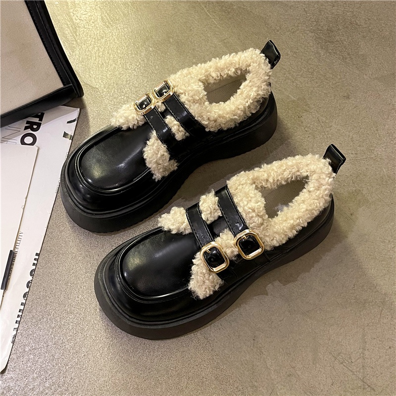 Giày Da Mũi Tròn Phối Dây Khóa Thời Trang Cho Nữ