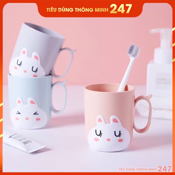 Cốc Đánh Răng Ly Uống Nước Ly Nhựa Hình Thỏ Con Đáng Yêu Có Quai Cầm Chống Trơn Trượt