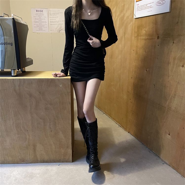Đầm Ngắn Cổ Vuông Tay Dài Dáng Ôm Màu Đen Phong Cách Pháp Thời Trang Mùa Thu 2022