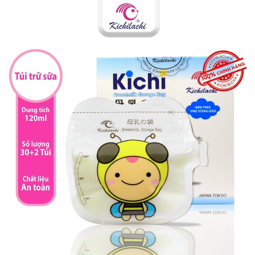 (2 Hộp) 64 túi trữ sữa 120ml không BPA, không mùi & 2 khóa zip an toàn cho Bé Kichilachi (Hình con ong dễ thương)