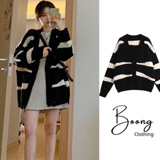 Áo cadigan len nữ hoạ tiết kẻ ngang, áo khoác len dáng dài chất len dệt mềm mịn freesize boong_clothing