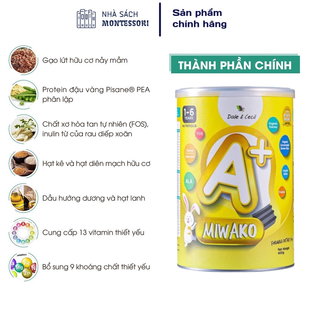 Sữa Hạt Hữu Cơ Miwako A+ 400g x 1 Hộp - Sữa cho trẻ dị ứng đạm sữa bò, Bất dung nạp Lactose, chậm nói