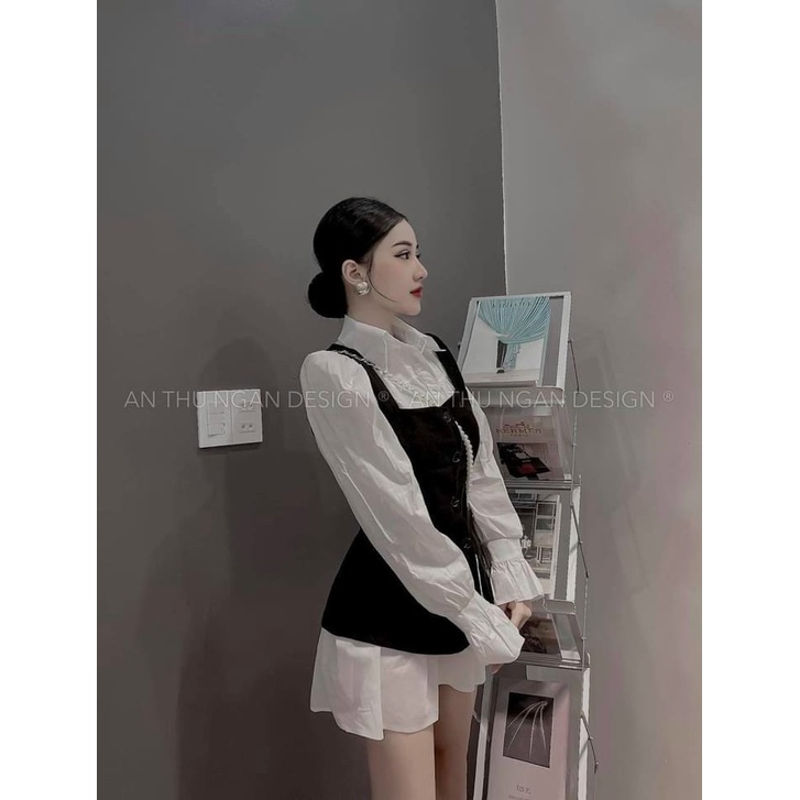 Set bộ váy sơ mi siêu xinh xắn phối áo yếm đơn giản, bánh bèo dành cho các nàng đi chơi
