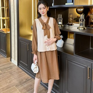MEDYLA - Đầm bầu dự tiệc thu đông thiết kế set váy đũi nâu phối áo gile len màu be - VS1143