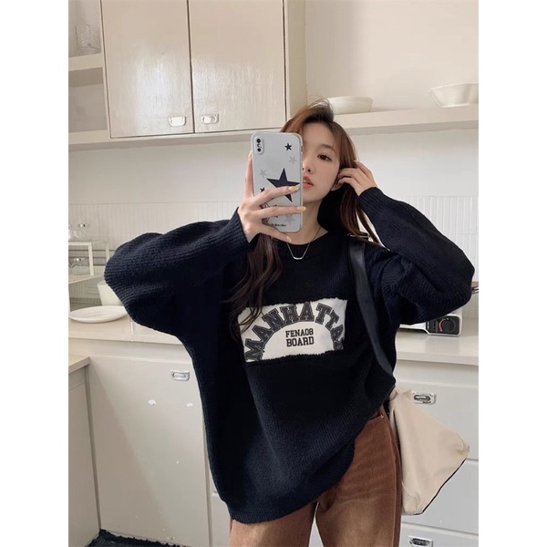 Áo len unisex thêu chữ vân tăm