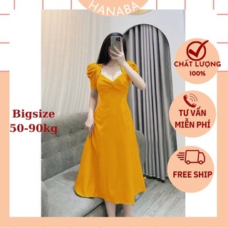Đầm nhún ngực thiết kế tay phồng ,váy bigsize nữ dáng dài 50-90kg màu đen trắng nâu vàng xanh hanaba DNN1