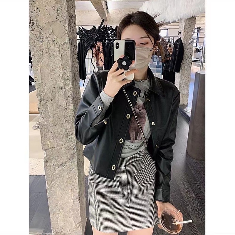 Áo da croptop cài khuy