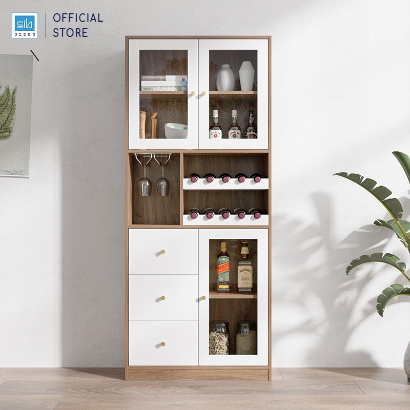 Tủ Để Vang Gia Đình Đa Năng Kèm Cửa Kính Hiện Đại Màu Trắng Phối Vân Gỗ Nâu SIB Decor