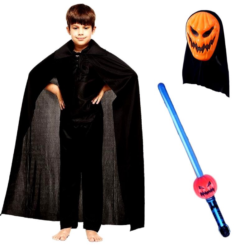 Mặt nạ, áo choàng, gậy đèn bí ngô, hoá trang Halloween