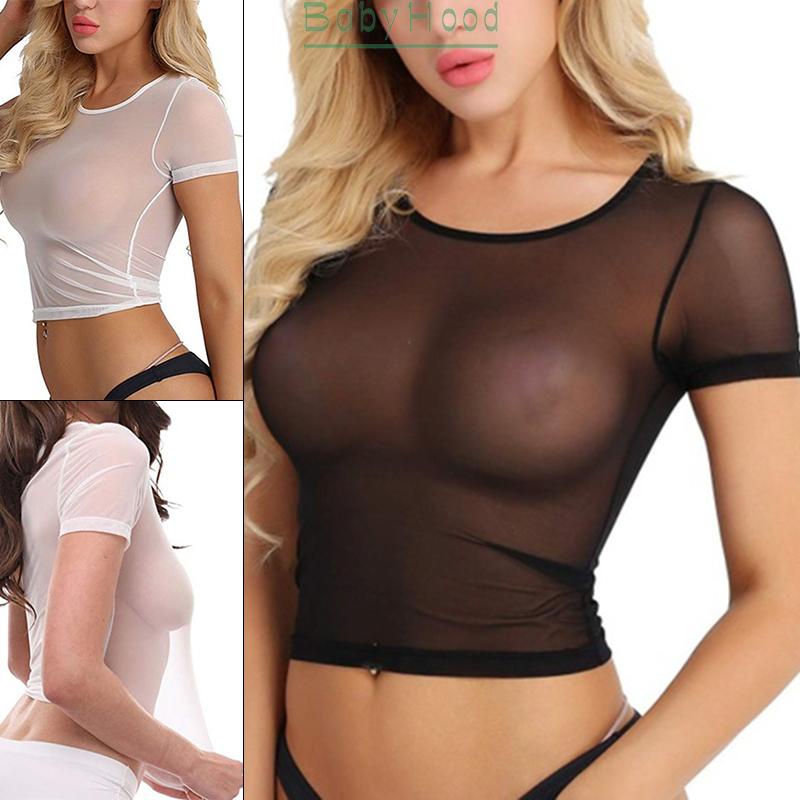 Ladies Women Tops Tight Clubwear Cropped Mesh Short sleeve Transparent#BBHOOD