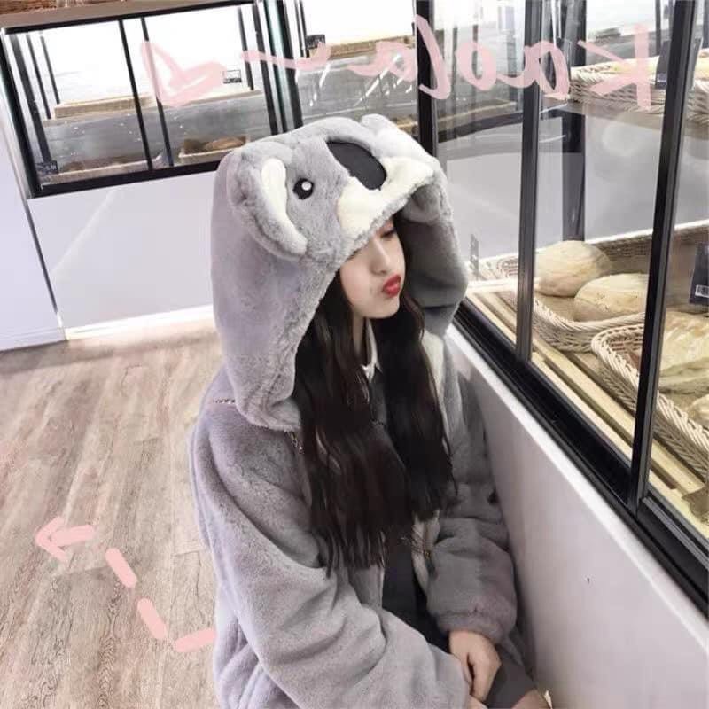 Áo Lông Cừu Hàn Quốc Thêu mặt Gấu Xám Đáng Yêu Siêu Ấm Áp