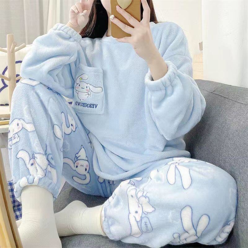 Set bộ đồ ngủ lông ấm hoạ tiết Cinnamoroll thêu túi áo Basic Hàn Quốc [L08]