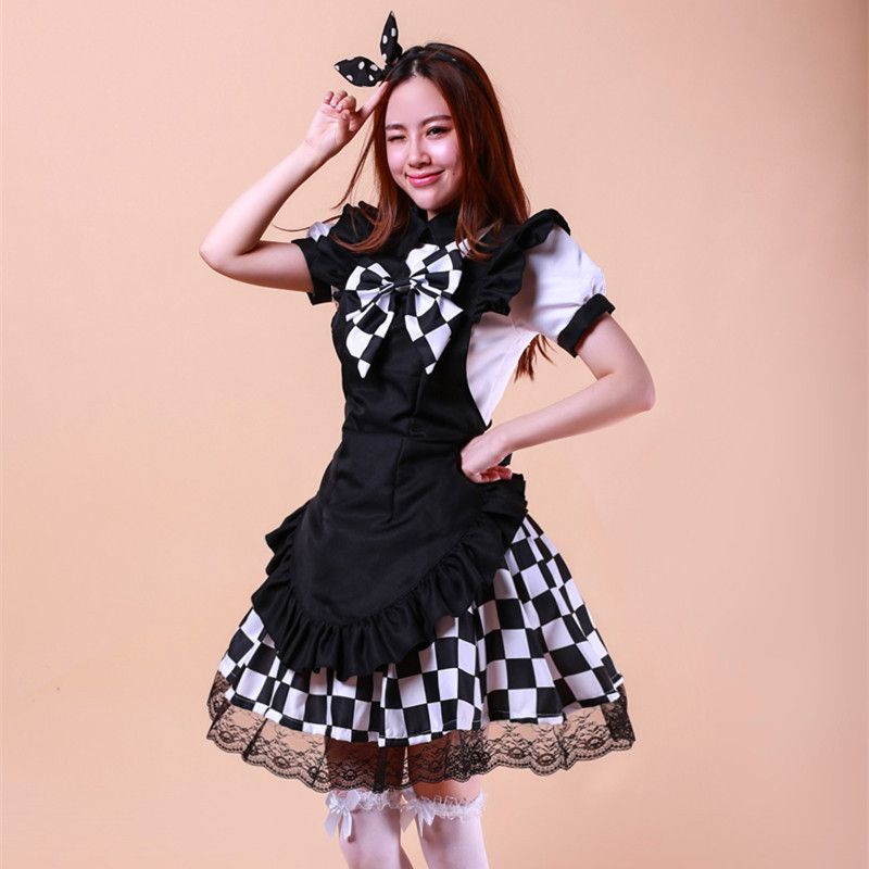 [CÓ SẴN]_Bộ đầm Lolita maid ngắn người hầu kẻ caro đen trắng