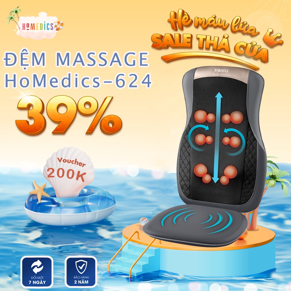 Đệm ghế massage lưng Homedics MCS-624 nhà HT Beauty với công nghệ massage Shiatsu 3D kèm nhiệt rung massage tích hợp