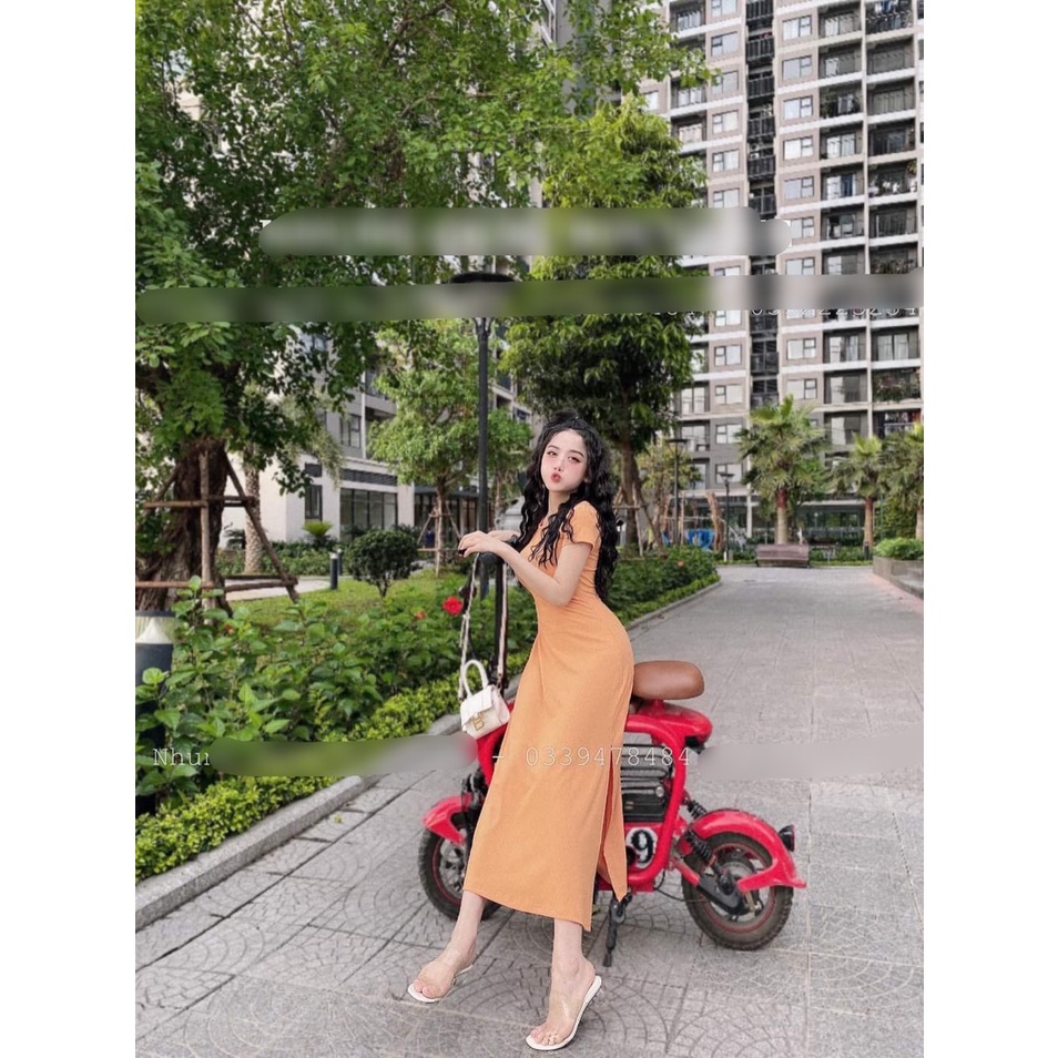 Đầm nữ dáng dài tay ngắn cổ tròn xẻ tà nhẹ xinh